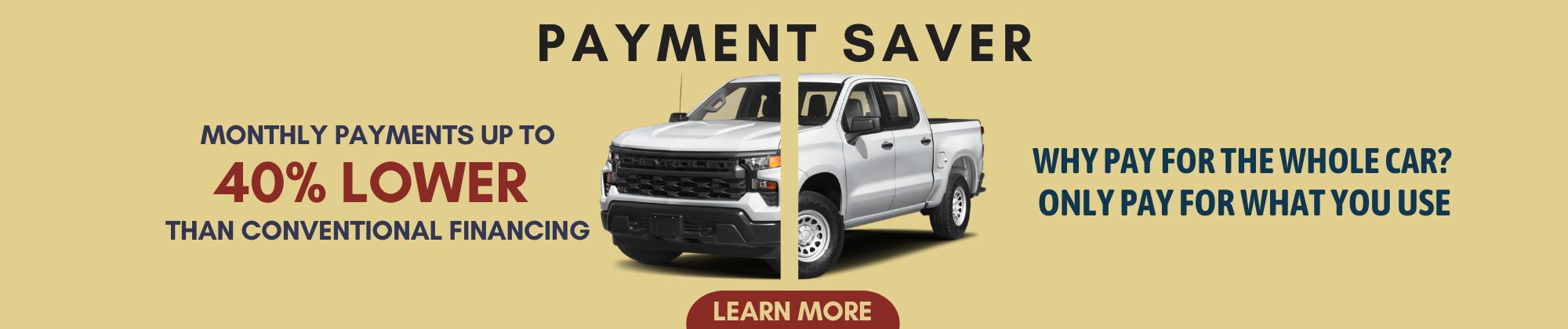 Driving Sense
Monthly Payments up to 40% Lower than conventional financing.
Why pay for the whole car? Only pay for what you use.
Learn More